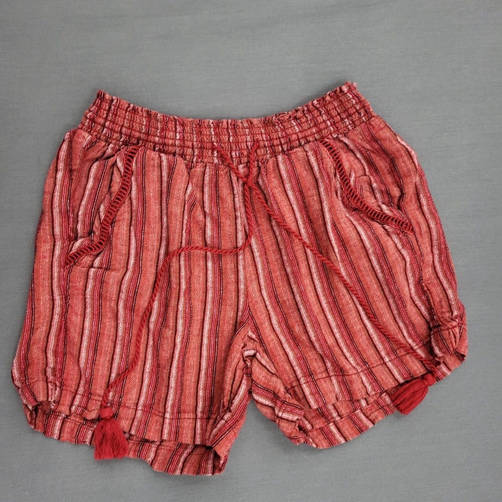Briggs Womens Red Striped Linen Blend Boho Shorts Tassel Drawstring Small